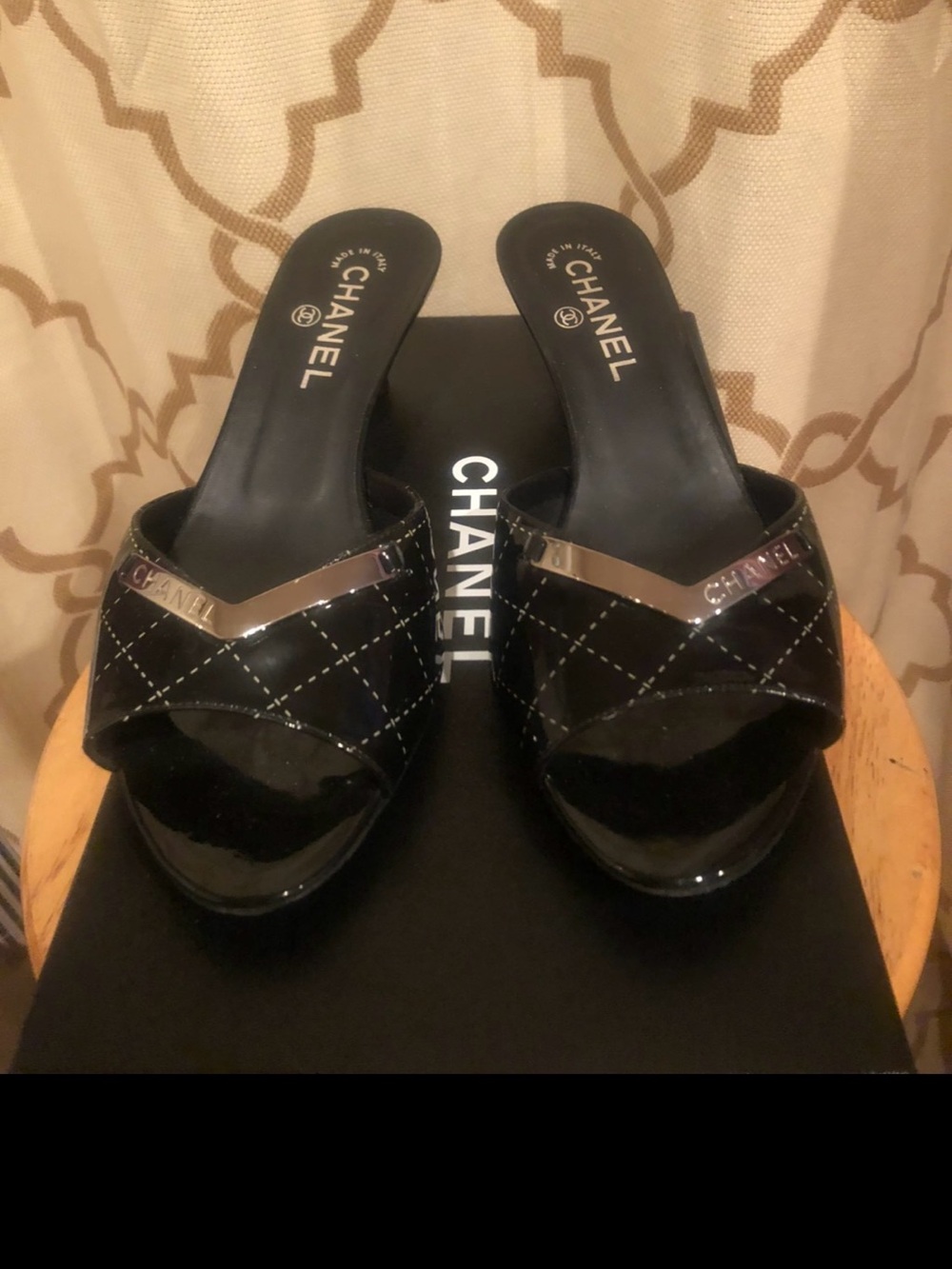 CHANEL Black Quilted Leather Slide Mules with Metallic Accent size 39.